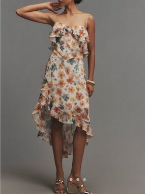 Floral Ruffle High-Low Slip Dress - White with Orange & Green Floral